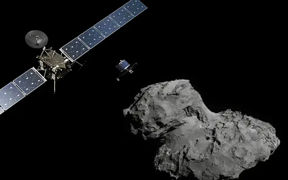 An artist's impression of the Rosetta spacecraft approaching comet 67P/Churyumob-Gerasimenko.