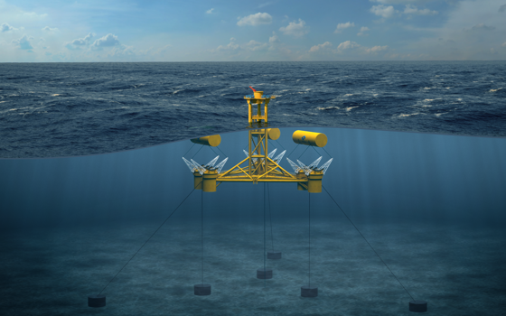 A concept image of the WaveSub underwater, showing its mooring layout. The wavesub platform floats at the surface of the ocean but it moored to the ocean floor with cables attached to anchors.