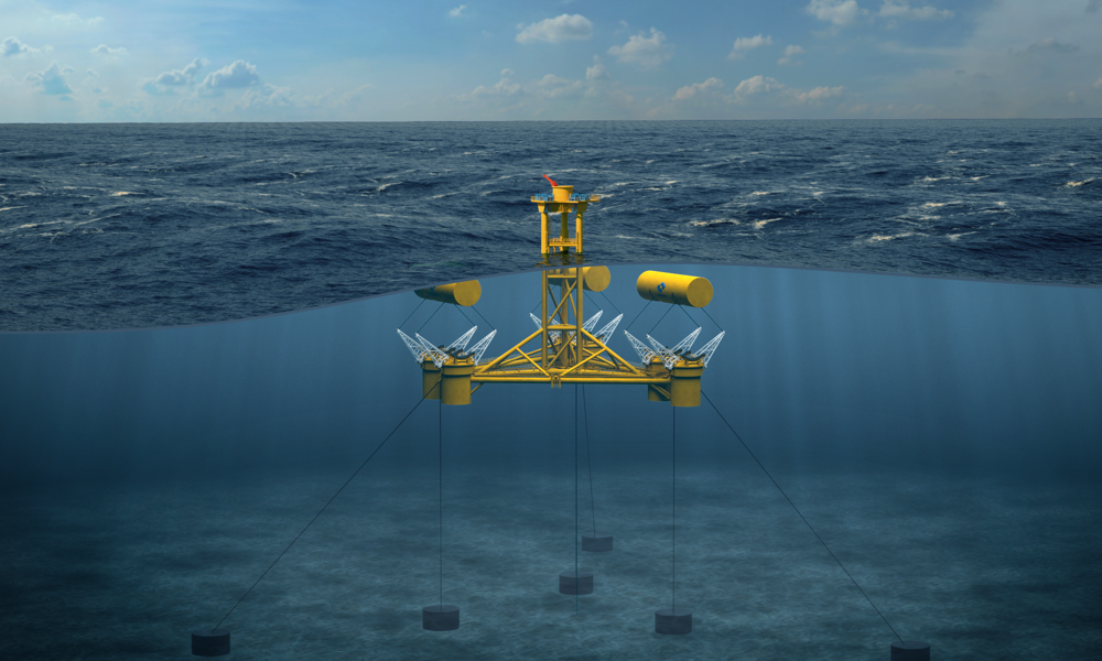 A concept image of the WaveSub underwater, showing its mooring layout. The wavesub platform floats at the surface of the ocean but it moored to the ocean floor with cables attached to anchors.