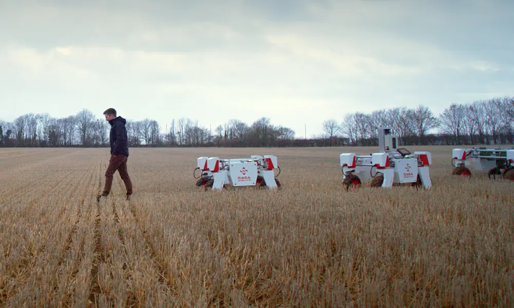 A male robotics engineer with agricultural robots in a field of crops.