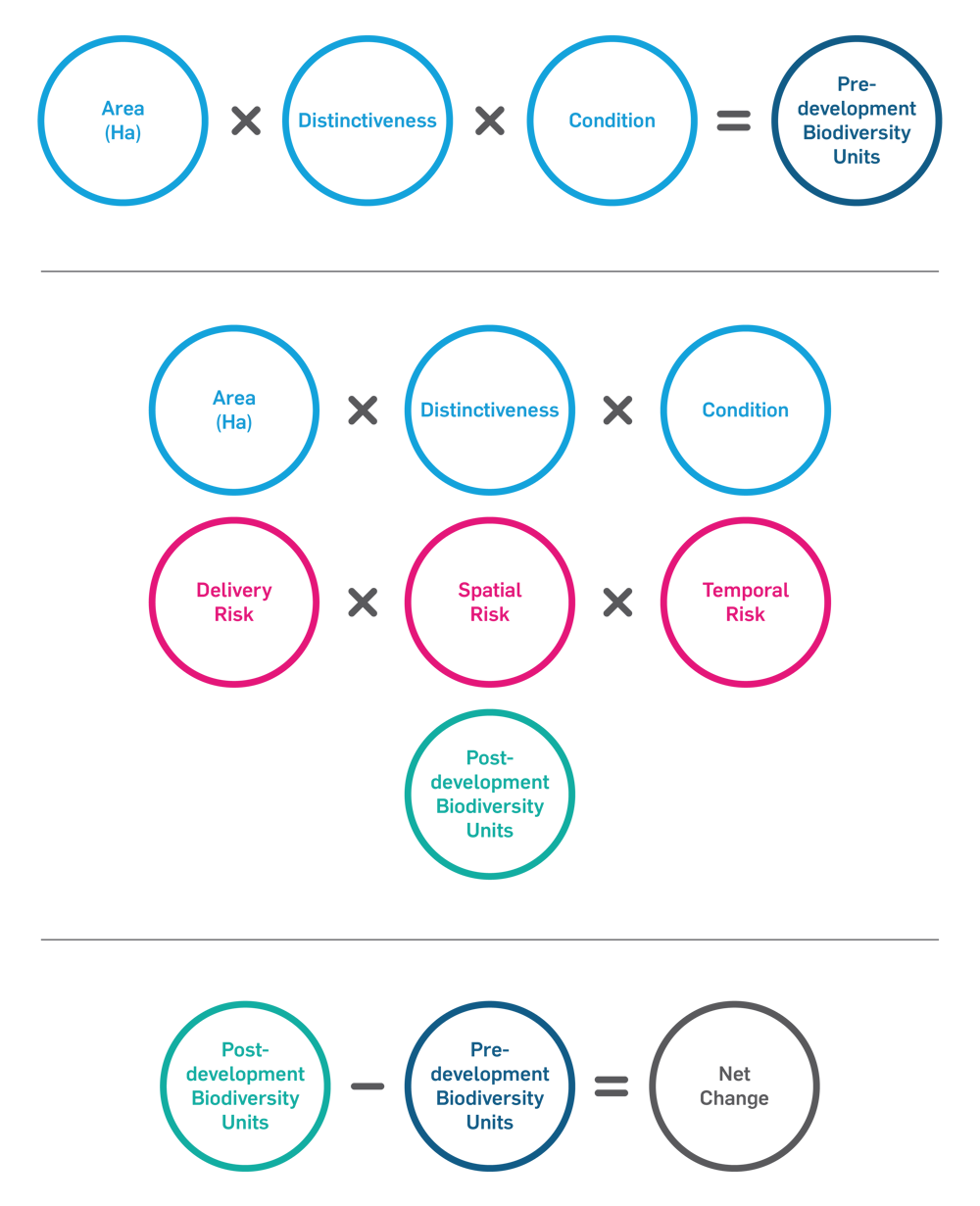 The formula for diversity net gain, or net change, is the post-development biodiversity units minus the pre-development biodiversity units,
